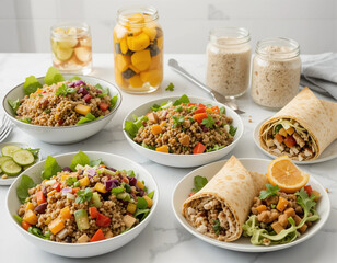 Fresh salads and wraps with colorful ingredients, perfect for healthy meals