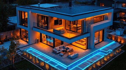 Modern illuminated house with outdoor patio and pool.