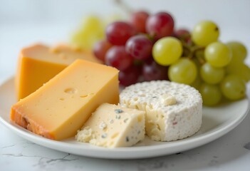 A cheese platter with a variety of cheeses and fresh grapes on a white plate. The focus is on the vibrant colors and rich textures, creating a clean and appealing image.