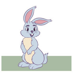 Cute blue rabbit with cartoon drawing style. Art for Easter period. Green grass with transparent background.