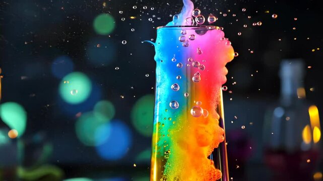 Vibrant chemical reaction in a beaker against a dark background, creating captivating hues. Ai Generated.