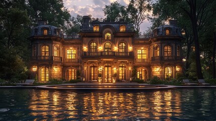 Grand mansion at twilight, illuminated windows reflect in pool.