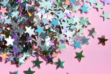 Pile of iridescent star confetti scattered on a pink background