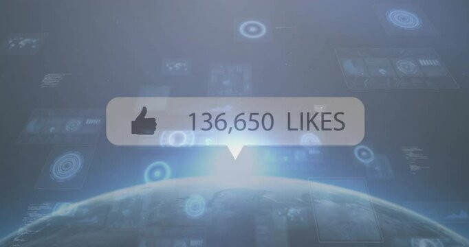 Animation of thumbs up icon with 136,650 likes over digital earth graphics