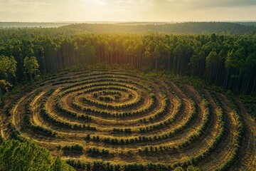 Naklejka premium Forest restoration,reforestation,tree planting.Drone shot of a vast reforestation site, showing patterns of freshly planted saplings surrounded by patches of mature forest
