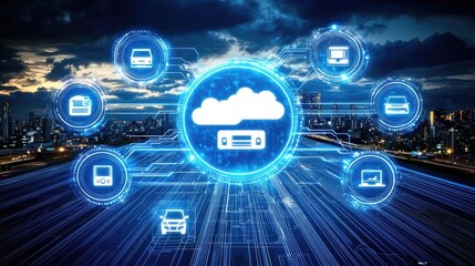 Cloud computing network over city road speeds up data flow. Use for tech solutions