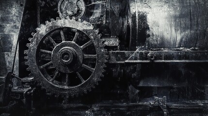 An old mechanical gear system shown in grayscale close up
