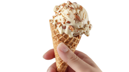 Hand holding melting almond ice cream cone on transparent background