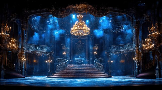 Grand ballroom stage setting with ornate staircase, chandelier, and blue lighting.