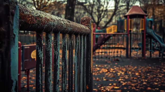 A rusted metal fence overlooks a colorful childrens playground area