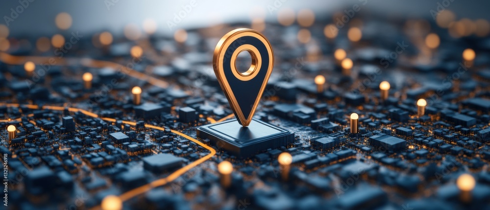 Poster computer chip featuring a pin indicating location signifying integration of gps technology in modern