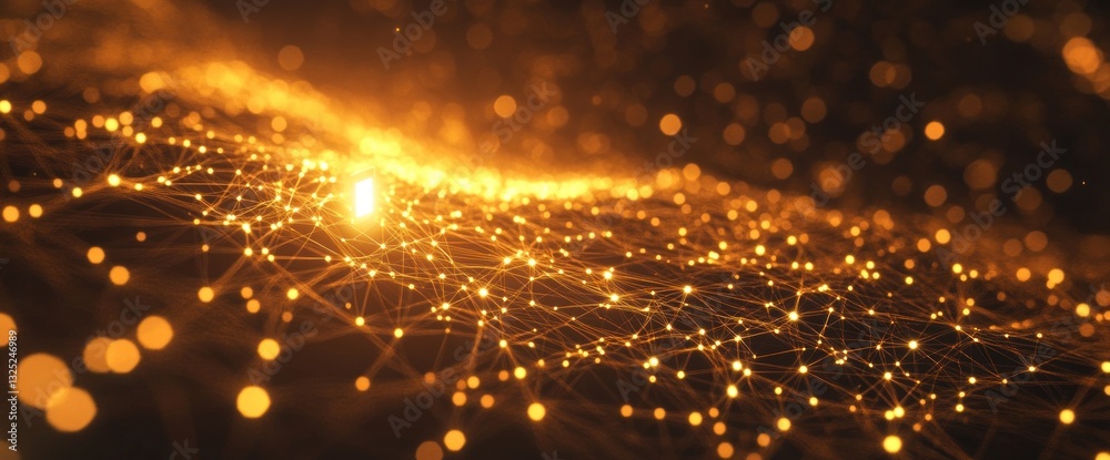 Wall mural abstract digital network connection glowing gold nodes futuristic technology background concept grap