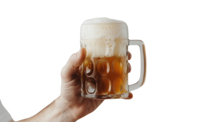 Hand holding big beer glass with transparent background