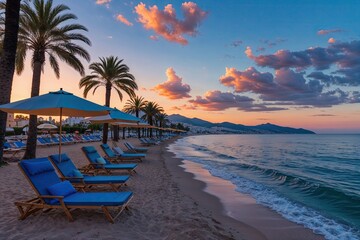 Picturesque Mallorca Shoreline with Deck Chairs and Sunshades at Twilight
