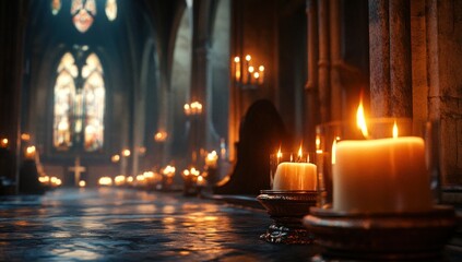 atmospheric church interior illuminated by candlelight casting a soft glow on marble floors