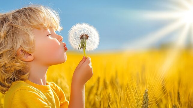 Child Blowing Dandelion Seeds in a Sunlit Wheat Field