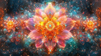 Fototapeta premium Vibrant fractal flower with glowing petals and cosmic dust.