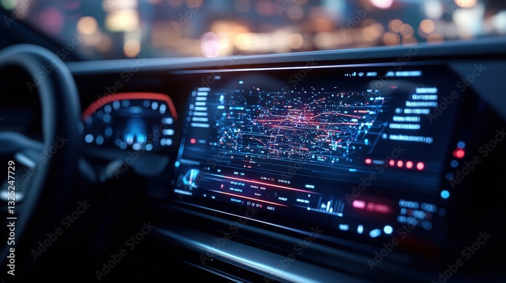 Poster futuristic car dashboard interface displaying advanced features with a vibrant cityscape in the back