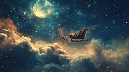 A magical sleigh flies through the starry nighttime sky above clouds