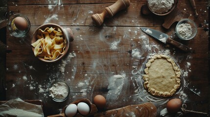 Rustic Homemade Pasta Dough and Ingredients on Wooden Table