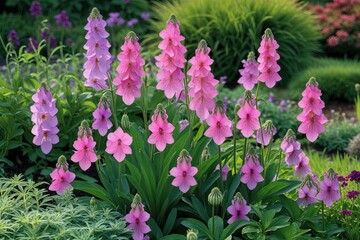 Obraz premium Vibrant Pink Columbines Flourishing in a Beautiful Garden Landscape