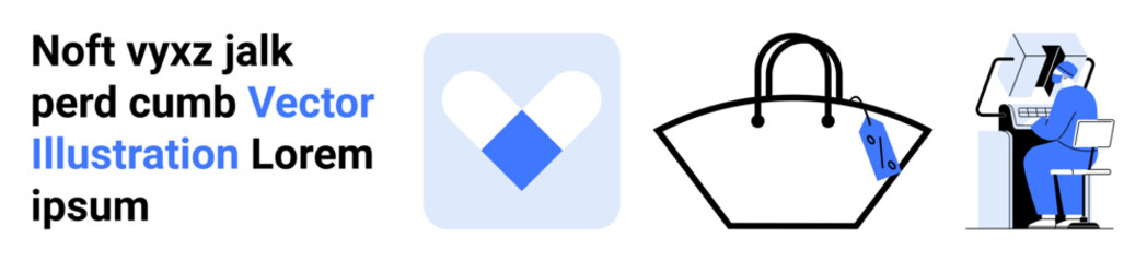 Heart-themed app icon, shopping bag with tag, customer engaging on a device. Ideal for e-commerce, mobile application, branding, online shopping, digital retail, customer care flat landing page