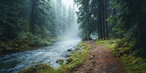 A forest with a stream running through it