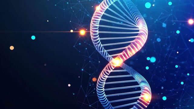 Glowing dna strand in futuristic digital network with blue and orange light effects