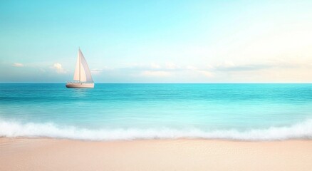 Obraz premium Calm Ocean Scene with a Single Sailboat on the Horizon Bathed in Gentle Morning Light and Soft Waves with a Clear Blue Sky and Sandy Beach