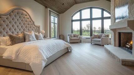 A spacious master bedroom in a luxury home, showcasing a large bed with a sculpted headboard and soft, fluffy pillows