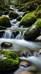 A crystal-clear mountain stream flowing over smooth stones, surrounded by moss-covered rocks.
