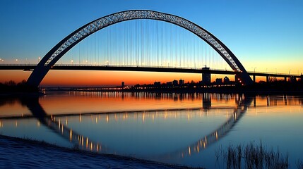 Obraz premium Bridge arch silhouette over water during sunset