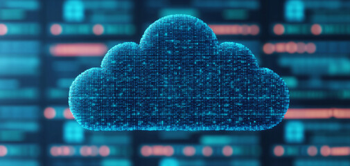 Digital cloud symbol over data background with glowing elements.