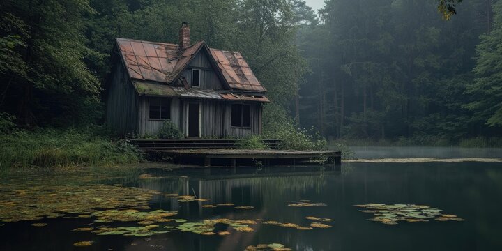 A small, dilapidated house sits on a dock by a lake