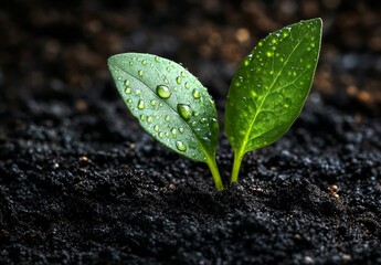 Naklejka premium Fresh Green Seedling with Water Droplets on Soil Background Symbolizing Growth, Nature, and New Beginnings in a Sustainable Environment