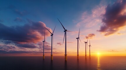 Obraz premium Breathtaking photorealistic image of a colorful sunset displaying wind turbines against a striking sky for energy awareness