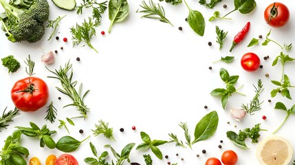 Circle made of different herbs and vegetables