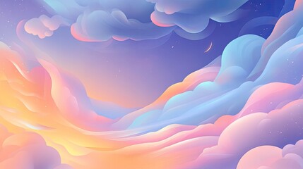 Fototapeta premium Dreamlike Pastel Cloudscape at Sunset with Crescent Moon and Stars