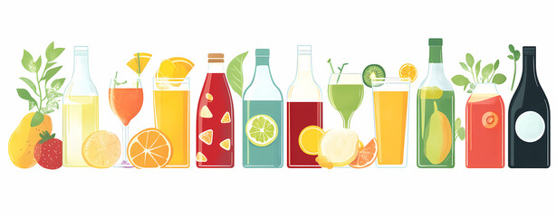 Vibrant Assortment of Drinks: A colorful array of bottles and glasses, each filled with a different refreshing drink. From citrusy concoctions to fruity blends.