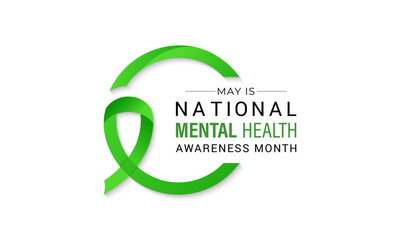 Vector illustration of Mental health awareness month observed each year during May. Brain and man head with Realistic green ribbon banner design. Banner poster, flyer and background design template.