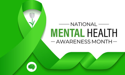 Vector illustration of Mental health awareness month observed each year during May. Brain and man head with Realistic green ribbon banner design. Banner poster, flyer and background design template.