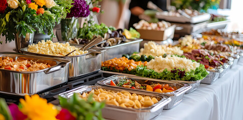 Feast of Flavors: A vibrant buffet table overflows with an array of culinary delights, offering a tantalizing selection of dishes, from savory entrees to fresh salads, artfully arranged.