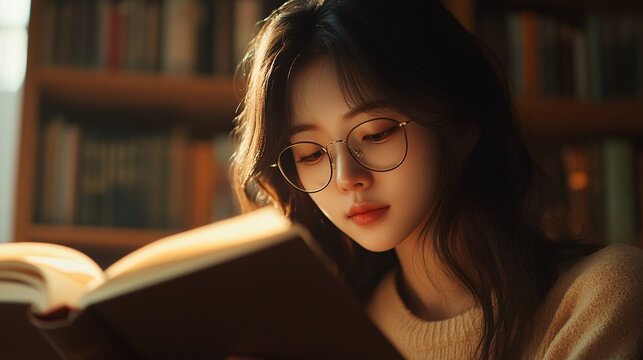 A serene library setting with a long-haired Korean woman wearing glasses, reading under warm lighting and surrounded by bookcases, ideal for studying or intellectual themes