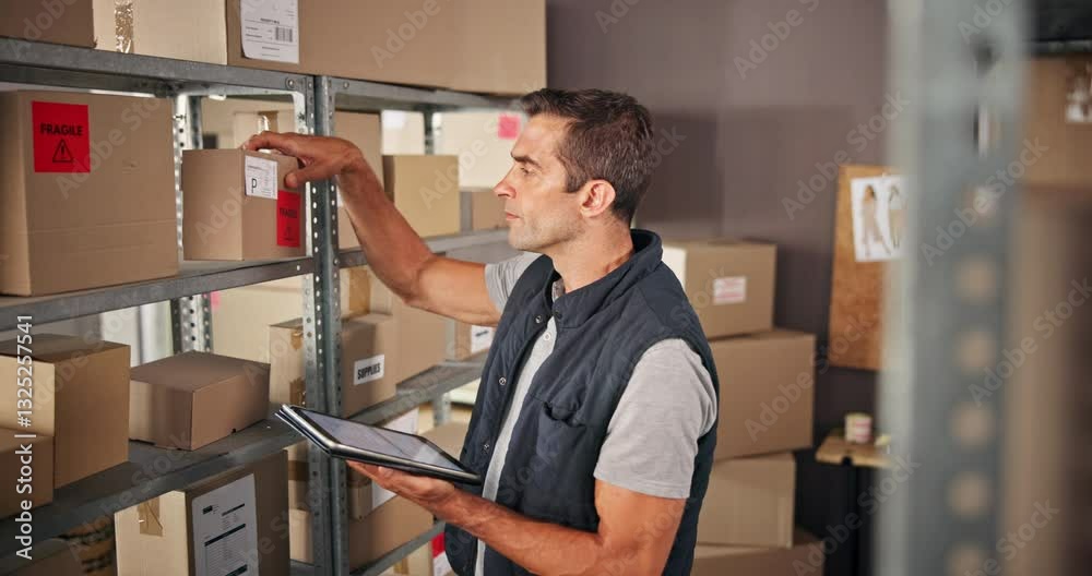 Poster man, boxes and search with tablet for distribution, order inspection or quality control for inventor