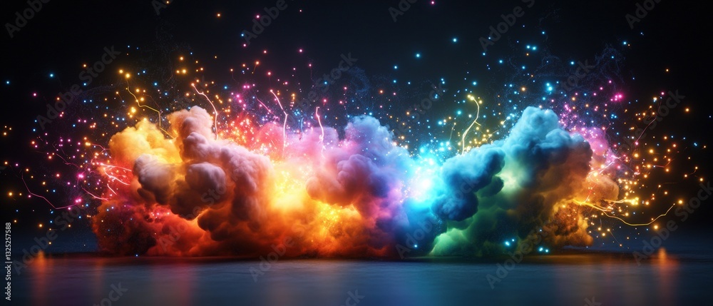 Poster explosive display of colorful light patterns creating a dynamic background with energy and motion fo
