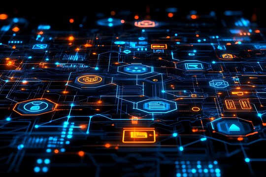 Illuminated Circuit Board Displaying Various Icons And Connections - Powered by Adobe