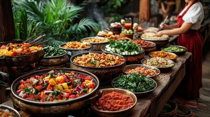 Fototapeta premium Rustic outdoor buffet table with various stews, salads, and vegetables.