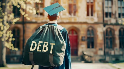 Back view of a student wearing an academic robe carrying a large bag on his back, with the words "DEBT" written on it, a concept of students burdened by expensive education costs.