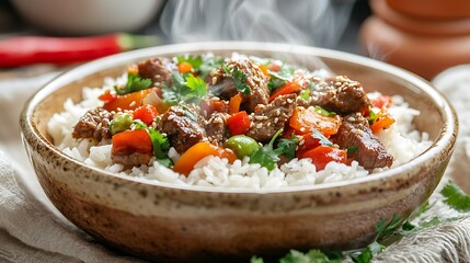 Teriyaki Beef Stir-Fry Bowl A steaming bowl of rice with sautéed teriyaki beef and stir-fried vegetables