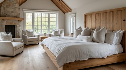 A warm and inviting master bedroom with a spacious bed featuring a simple wooden headboard and plush pillows